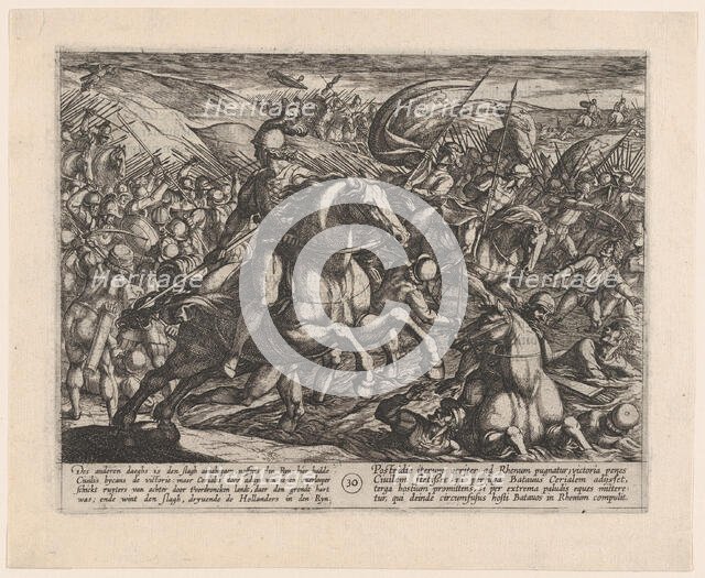 Plate 30: Cerialis Driving the Dutch into the Rhine, from The War of the Romans Against th..., 1611. Creator: Antonio Tempesta.