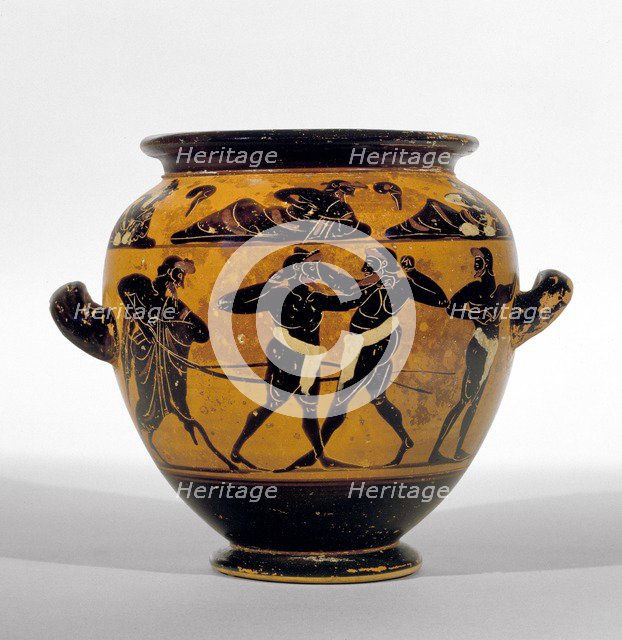 Athenian black-figure stamnos depicting athletes around belly of the vase and a symposium of men and Artist: Michigan Painter.