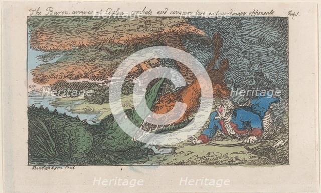 The Baron arrives at Ceylon, combats and conquers two extraordinary oppon..., [1809], reissued 1811. Creator: Thomas Rowlandson.