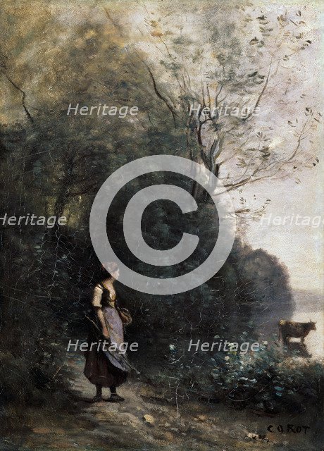 'Shepherdess with a cow at the Edge of the Forest', 1865-1870.  Artist: Jean-Baptiste-Camille Corot    