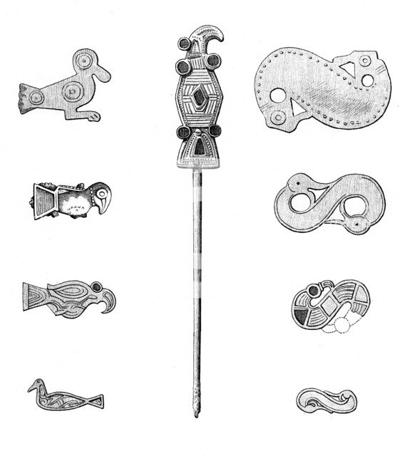 Bird-shaped fibulae, hairpin, and s-shaped fibulae, 1893.  Artist: A Housselin