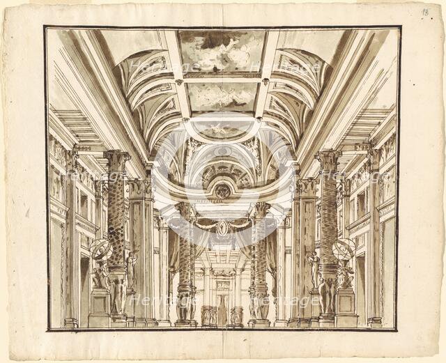 Fantasy of a Great Hall with Basketweave Columns, c. 1800. Creator: Pietro Gonzaga.