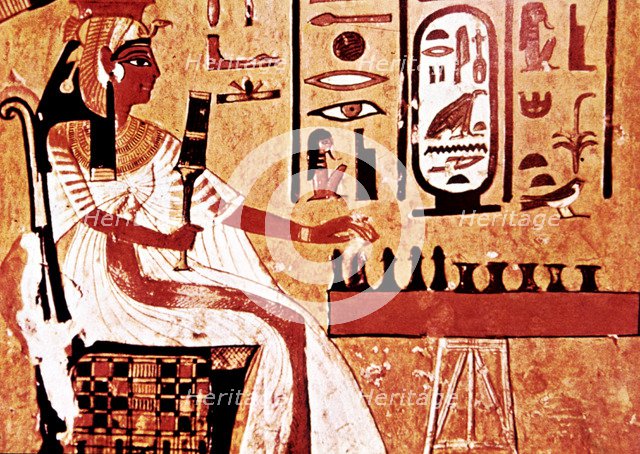 Queen Nefertari playing chess, fresco in her grave, belonging to the XIX Dynasty, in the Valley o…