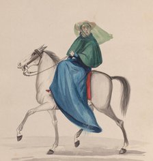An elegantly dressed woman on horseback, from a group of drawings depicting Peruvian..., ca. 1848. Creator: Attributed to Francisco (Pancho) Fierro.