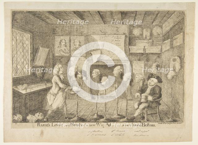 Razor's Levée, or Ye Heads of a New Wig Ad[ministration] on a Broad Bottom, April 21, 1783. Creator: James Sayers.