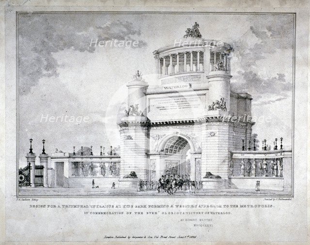 Design for a triumphal arch at Hyde Park in commemoration of the victory at Waterloo in 1815, 1826   Artist: Charles Joseph Hullmandel