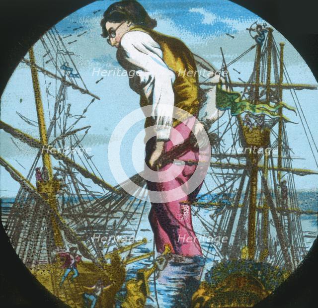 Gulliver captures the Blefuscudians' ships, lantern slide, late 19th century.  Creator: Unknown.
