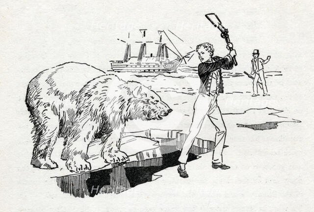 Horatio Nelson confronts a polar bear in the Arctic, c1900. Creator: Howard Davie.