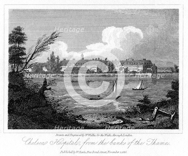 Chelsea Hospital, from the Banks of the Thames, London, 1816.Artist: W Wallis