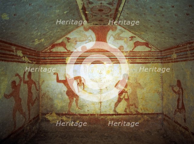 Frescoes in the Baccanti tomb in the necropolis of Montarozzi at Tarquinia.