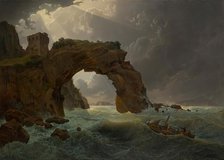Sea storm at the Arco di Miseno near Miliscola with a view towards Nisida, 1819. Creator: Joseph Rebell.