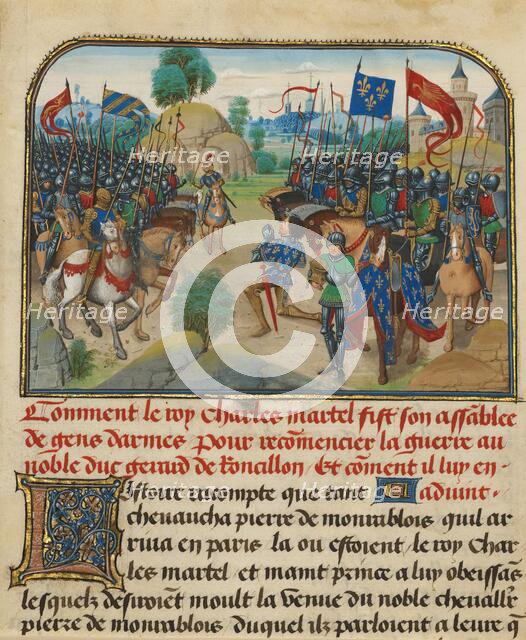 The Armies of France and Burgundy with Martel in Prayer, written 1463-1465; illuminated 1467-1472. Creators: Loyset Liedet, Pol Fruit.