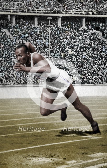 Jesse Owens at the start of the 200 metres at the Berlin Olympic Games, 1936. Artist: Unknown.