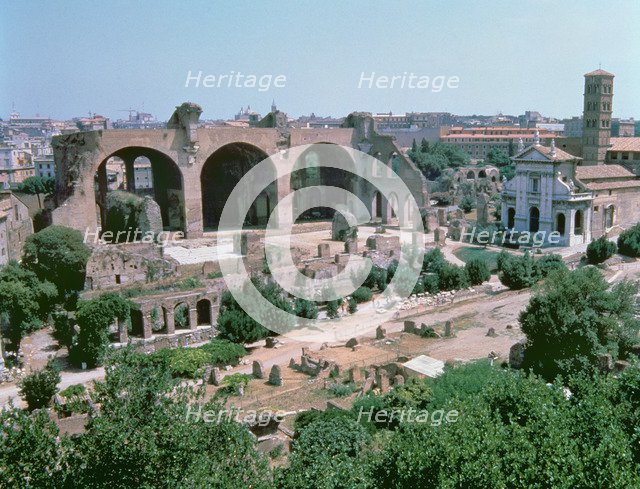 Overview of the forum with the Basilica of Constantine in Rome.