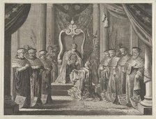 Plate 8: Emperor Maximilian II granting a crown to the coat of arms of Amsterdam, from Cas..., 1638. Creator: Pieter Nolpe.