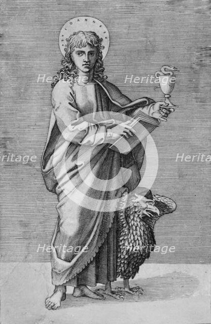 Saint John holding chalice in left hand, book in right, eagle standing by left si..., ca. 1500-1550. Creator: School of Marcantonio Raimondi.