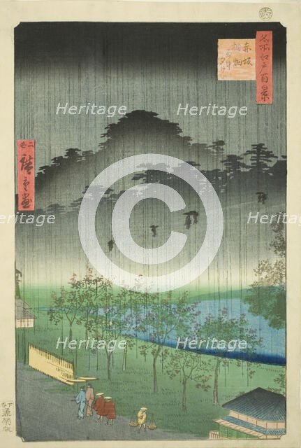 Night Rain at the Paulownia Grove at Akasaka (Akasaka Kiribatake uchu yukei), from the ser..., 1859. Creator: Utagawa Hiroshige II.