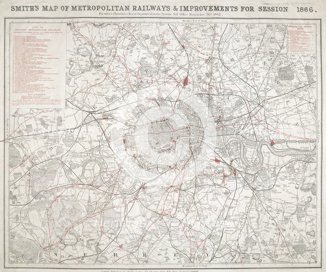 Map of Greater London showing the Metropolitan Railways and improvements in 1866. Artist: Anon