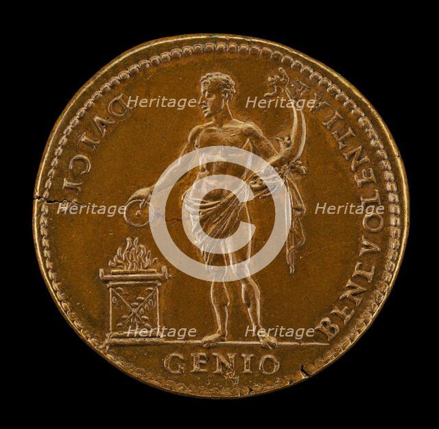 Genius Holding a Dolphin and Sacrificing [reverse], 1539. Creator: Giovanni da Cavino.