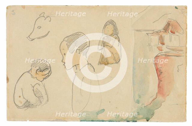 Sketches of Crouching and Standing Figures, a Pig, and a Hut at Water’s Edge, 1891. Creator: Paul Gauguin.