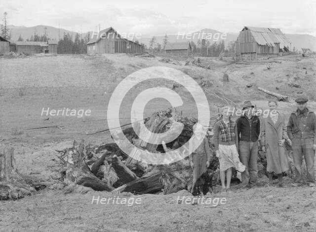 The Unruf family, stump pile, and their partly developed farm, Boundary County, Idaho, 1939. Creator: Dorothea Lange.