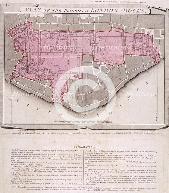 Plan for the proposed London Docks, Stepney, 1799. Artist: Anon