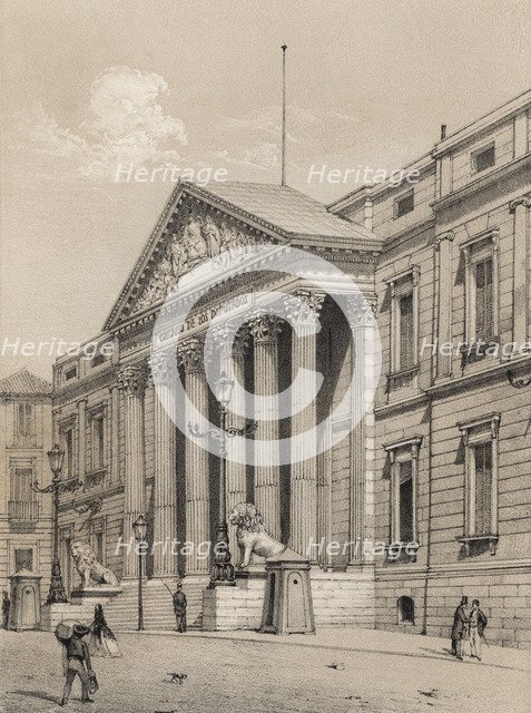 Palace of the Congress of Deputies in Madrid, opened in 1850 by Queen Isabella II, 1870 engraving.