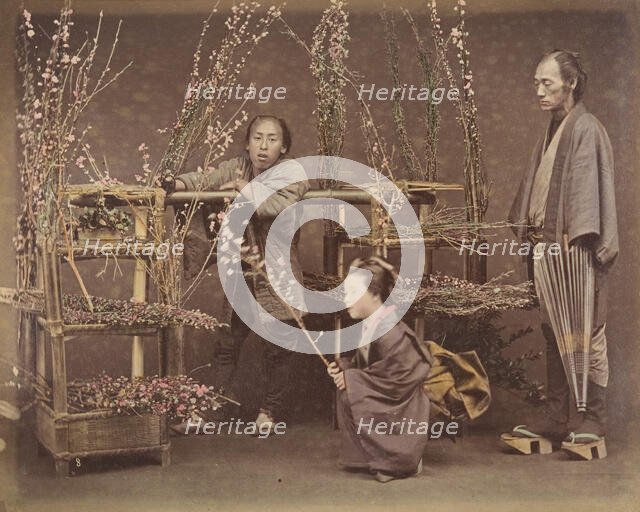 [Two Japanese Men and One Japanese Woman Posing with Flowering Branches], 1870s., Creator: Unknown.