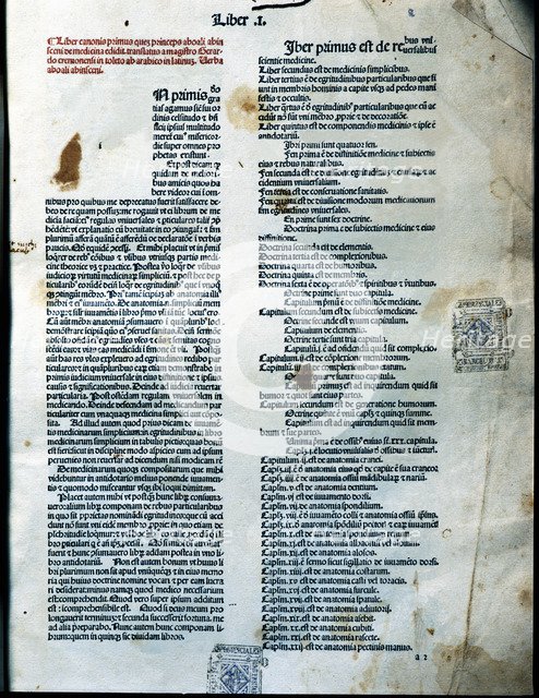 Canon of Medicine, page of Book I of the Latin edition 1490, work by Avicenna.