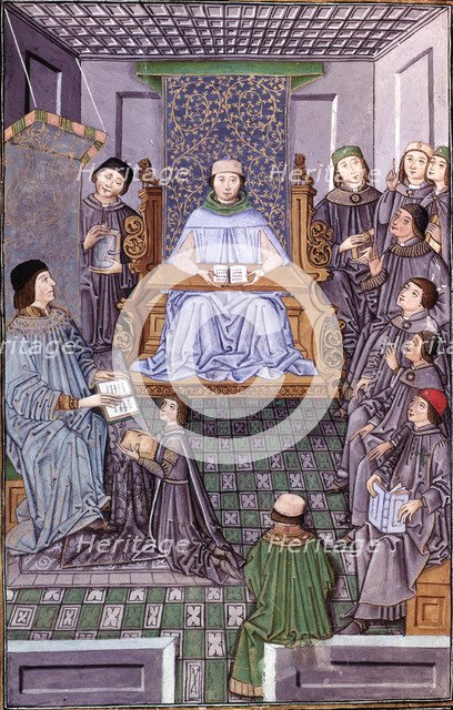 Antonio de Nebrija (1444-1522), Spanish humanist, with Don Juan de Zuniga, master of Alcantara wh…