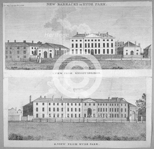 Two views of the new barracks in Hyde Park, London, 1797.                                   Artist: Anon