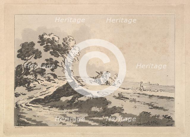 Open Landscape with Three Horsemen in the Middle Distance Heading to the Right, Windblo..., 1784-88. Creator: Thomas Rowlandson.