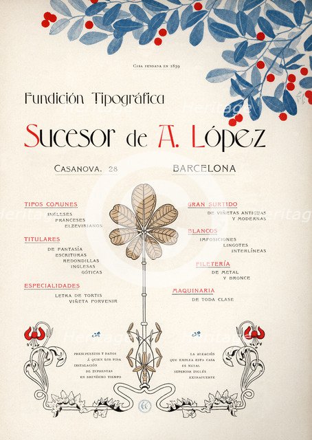 Modernist advertising for the Fundición Tipográfica de A. Lopez, Barcelona, 1900.