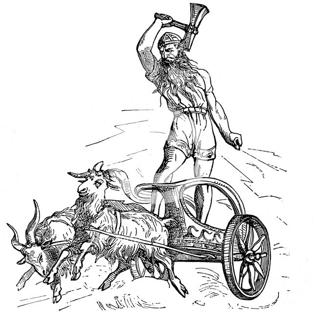 Thor riding in chariot drawn by goats and wielding his hammer. Artist: Unknown