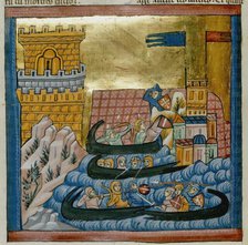 Naval battle between the fleets of Crete and Athens, with troops in a ship..., c1285. Creator: Unknown.