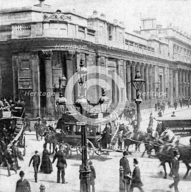 Traffic passing the Bank of England, London, c late 19th century. Artist: Unknown