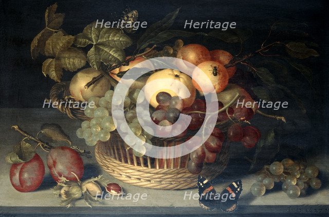 'Basket of Fruit and Admiral Butterfly on Stone Table', 1610.  Artist: Joannes Busschaert