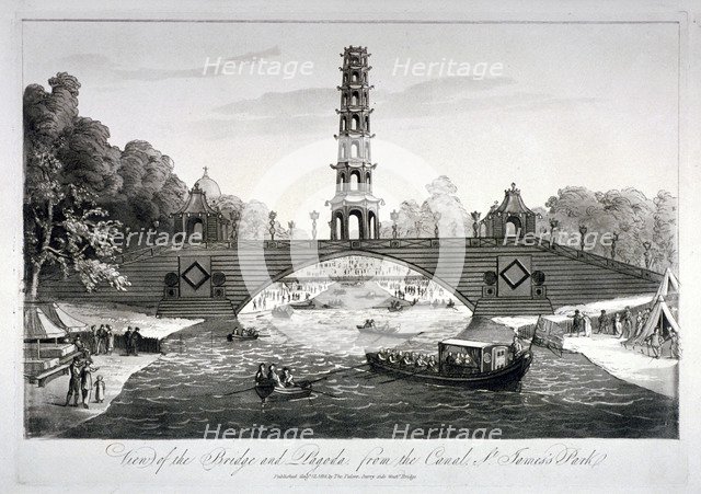 Chinese bridge and pagoda, St James's Park, Westminster, London, 1814. Artist: Anon