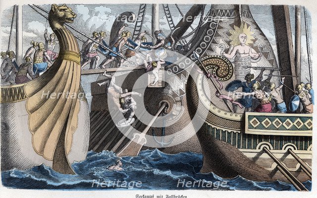 Ancient History. Rome. Boarding in a naval battle. German engraving, 1865.