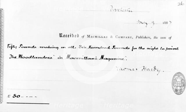 Receipt on behalf of Macmillan & Co Publishers for printing "The Woodlanders" by Thomas Hardy, 1887. Creator: Unknown.
