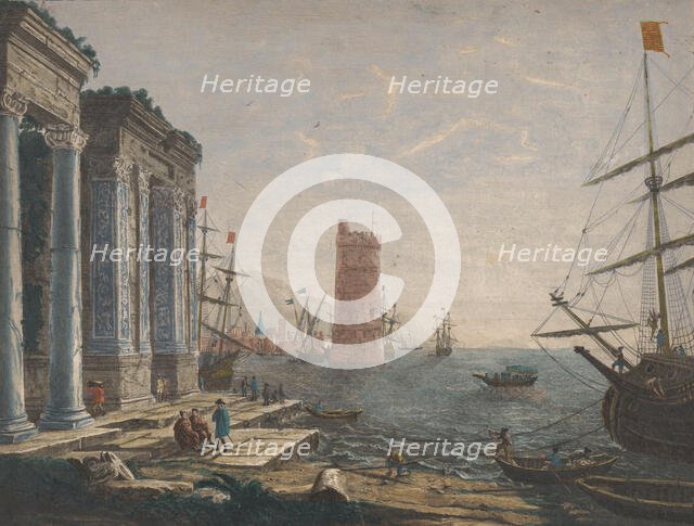 View of a harbour with ships and boats on the water, 1752. Creator: Thomas Major.