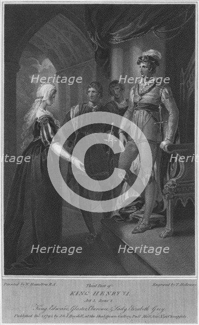 'Third Part of King Henry VI. Act 3. Scene 2. King Edward, Gloucester, Clarence & Lady Elizabeth Gre Artist: Thomas Holloway.