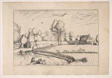Country Houses, couple and cornfield in the foreground, from the series The Small Lands..., 1559-61. Creator: After The Master of the Small Landscapes (Netherlandish, 16th century).