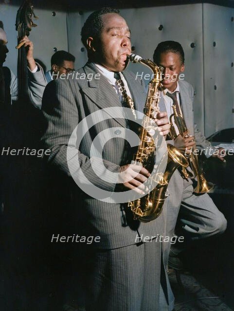 Portrait of Charlie Parker, Tommy Potter, Miles Davis, and Max Roach, Three Deuces, N.Y., 1947. Creator: William Paul Gottlieb.