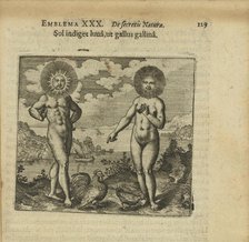 Emblem 30. The sun needs the moon, like the rooster needs the hens, 1618. Creator: Merian, Matthäus, the Elder (1593-1650).