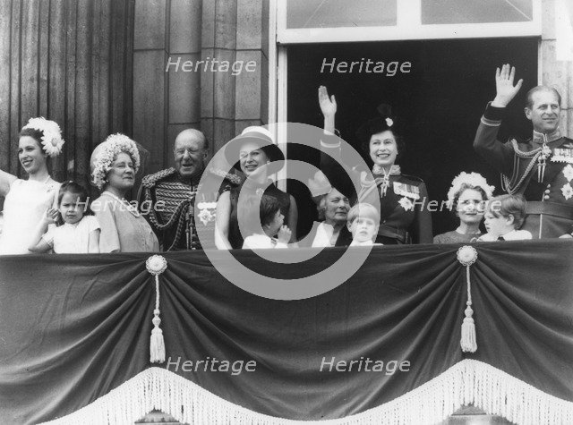 The Royal family wave from the balcony of Buckingham Palace, 14th June 1969. Artist: Unknown