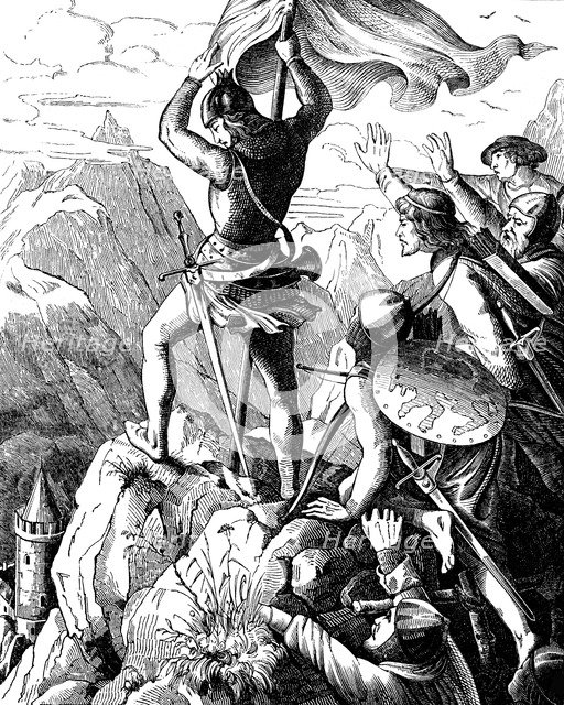 Otto I of Bavaria prevents a defeat of Emperor near Verona (Illustration from the Geschichte des deutschen Volkes by E. Duller), 1840. Artist: Kirchhoff, Johann Jakob (1796-1848)