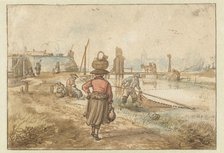 River Landscape with a Woman Carrying a Basket on her Head, Fishermen and Other Fig..., before c1620 Creator: Hendrick Avercamp.