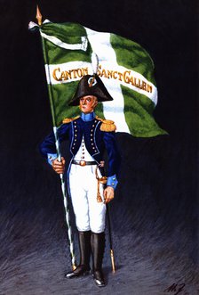 Flag bearer from the canton of Saint-Gall, c. 1804. Color engraving from 1943, published by Editi…