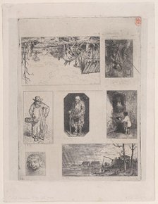 Farmyard Landscape (a), Seated Peasant (b), Beggar (c), Beggar (d), Little Beggar (e), Hea..., 1844. Creator: Charles Emile Jacque.